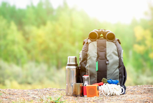 Set of equipment for hike in the forest
