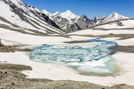 The turquoise frozen lake on top of the high altitude pass of Shingo La in the Great Himalayan range on the trek from Lahaul to Zanskar in North India.