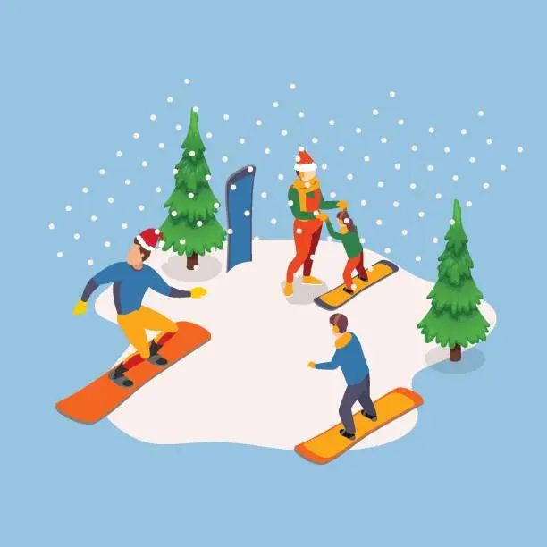 Vector illustration of Family snowboard winter concept 3d isometric