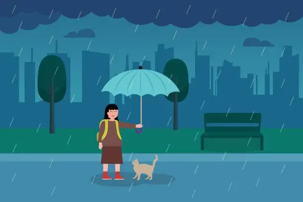 Vector illustration of Little girl protecting a cat from drops rains