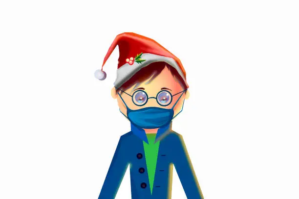 Vector illustration of Teenager with a face mask and Santa hat