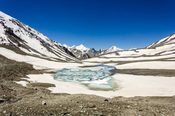 el lago congelado turquesa en la cima de shingo la en la gran cordillera del himalaya - glacier himalayas frozen lake fotografías e imágenes de stock