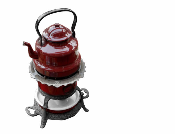 Di cut antique red teapot on white background, copy space