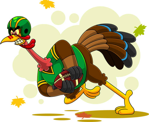 ilustraciones, imágenes clip art, dibujos animados e iconos de stock de angry football turkey bird personaje de dibujos animados corriendo en el super bowl de acción de gracias - bowl