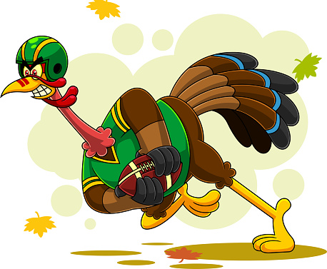 Angry Football Turkey Bird Cartoon Character Running In Thanksgiving Super Bowl. Vector Hand Drawn Illustration Isolated On Autumn Background With Leaves
