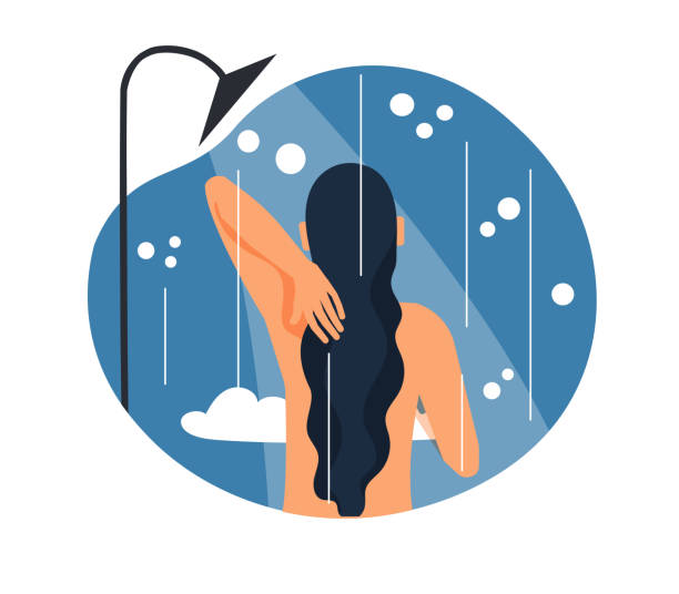 샤워를 하는 여자 - bathtub women naked human face stock illustrations