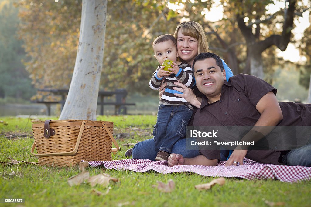 Étnica família feliz raça mista com um piquenique no parque - Foto de stock de Família royalty-free