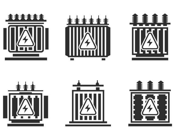 symbolset für elektrische transformatoren - umspannwerk stock-grafiken, -clipart, -cartoons und -symbole