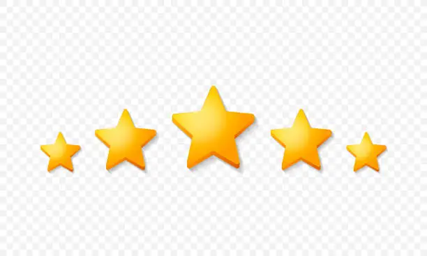 Vector illustration of 5 gold stars rating vector illustration isolated on transparent background. High quality stars with shadows for web or app