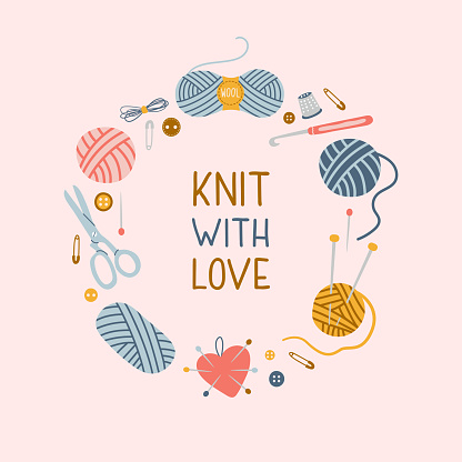 Knit with love text in round frame with hand drawn tools needlework isolated on pink background. Trendy vector illustration