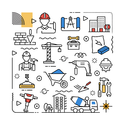Construction and Buildings Related Design Element. Pattern Design with Outline Icons. Colorful Vector Illustration