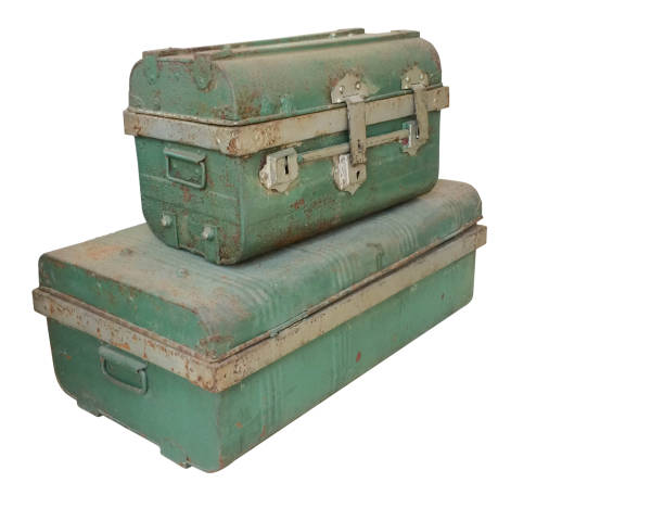 istock Antique two green steel chest on white background, copy space 1350871952