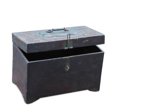 istock Closeup antique wooden box and lid on white background, vintage, object, copy space 1350871976