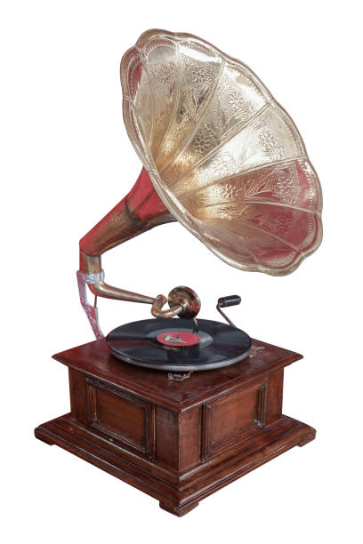 istock antique brass and wooden gramaphone on white background,copy space 1350871998
