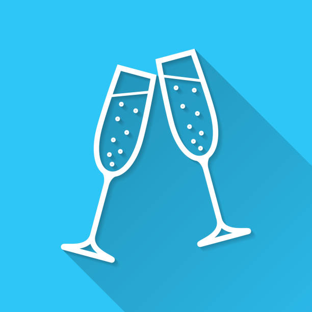 Two glasses of Champagne. Icon on blue background - Flat Design with Long Shadow White icon of "Two glasses of Champagne" in a flat design style isolated on a blue background and with a long shadow effect. Vector Illustration (EPS10, well layered and grouped). Easy to edit, manipulate, resize or colorize. Vector and Jpeg file of different sizes. champagne-glass-shadow stock illustrations