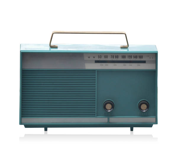istock front view antique blue radio on white background,copy space 1350872165