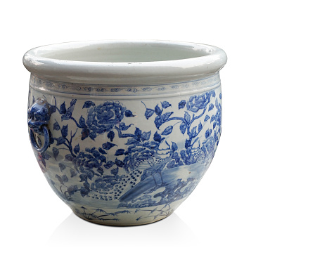 antique blue and white large ceramic pot on white background, vintage, object, copy space