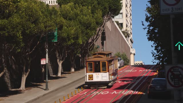 San Francisco Nob Hill street scene with streetcar passing amongst cars