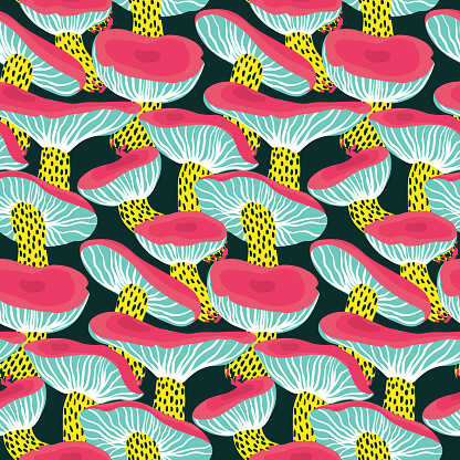 Seamless pattern with crazy mushrooms. Modern seamless background with hand drawn psychedelic mushrooms. Vector.