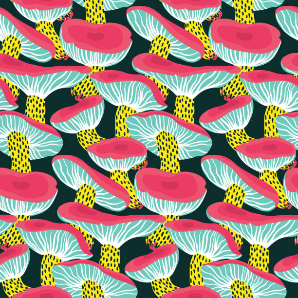Seamless pattern with crazy mushrooms. Modern seamless background with hand drawn psychedelic mushrooms. Vector. Crazy seamless pattern with mushrooms. Bright modern print with psychedelic fungus on a dark background. Seamless background with a funny sketch of mushrooms. Vector illustration. amanita muscaria stock illustrations