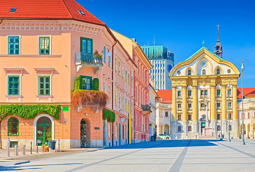 View of Congress Square and the Ursuline Church of the Holy Trinity in the center of Ljubljana, Slovenia.