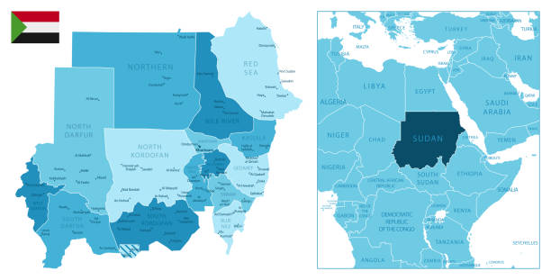 수단 - 매우 상세한 파란색지도. - sudan stock illustrations