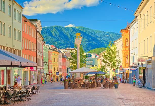 View of the main street and square of the small Austrian town of Villach Villach - July 2020, Austria: view of the main street and square of the small Austrian town of Villach villach stock pictures, royalty-free photos & images