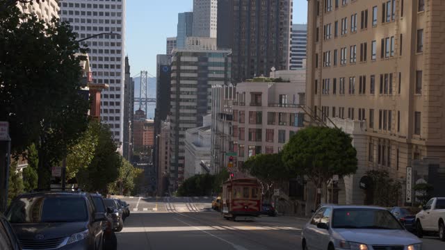 San Francisco lower nob Hill view with streetcar passing amongst cars