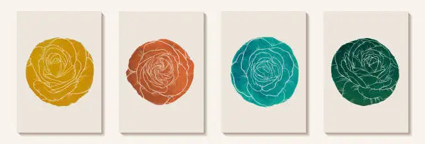 Vector illustration of Creative minimalist hand painted Abstract art background with watercolor stain circle and Hand Drawn doodle rose outline. Design for wall decoration, postcard, poster or brochure