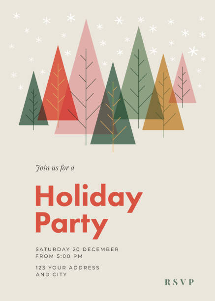 holiday party invitation with christmas trees. - bayram etkinlik illüstrasyonlar stock illustrations