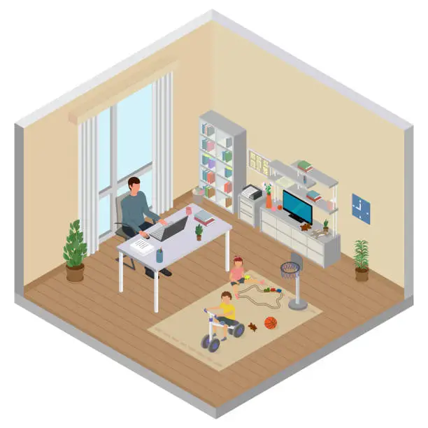 Vector illustration of Father working at home using computer with two children