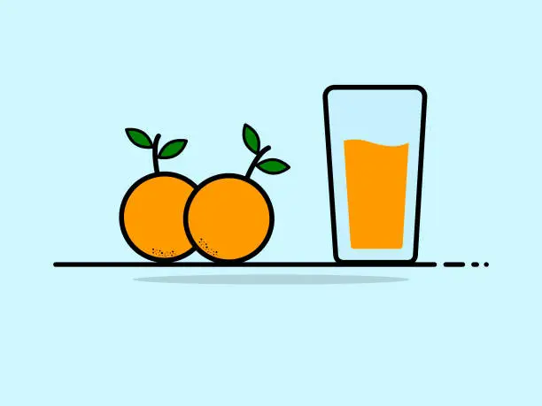 Vector illustration of Orange juice in a clear glass with a couple of orange fruit on the side