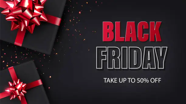 Vector illustration of banner for black friday sale. Dark background with a gift wrapped in black paper and a red shiny bow. Vector illustration. Flyer or coupon concept