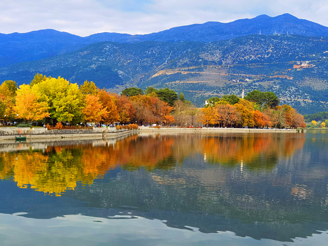 autumn in ioannina city greece yellow leaves on trees  and clouds by the lake, greece