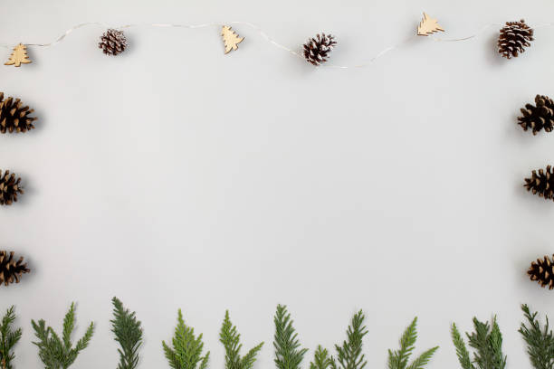 istock Christmas background. Branches of thuja and pine cones on a gray background 1350879416