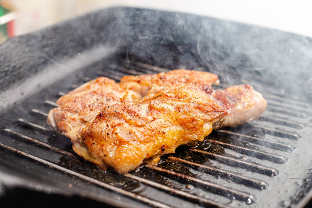 istock Fried Grilled Seared Chicken Breast on black pan 1350879585