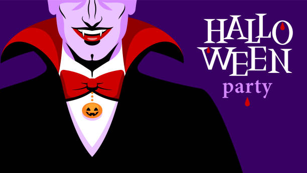 Halloween party banner or poster. Vampire. Halloween party invitation or banner design. Elegant man in vampire carnival costume. Scary character in black dracula cape on dark background. Modern vector illustration for design, banner, card. count dracula stock illustrations