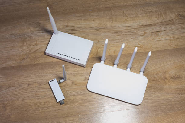 istock Three different types of Wi-Fi routers, modern and old technology. Wireless ethernet connection signal. 1350884672