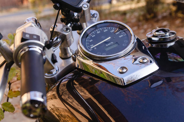 istock handlebar and speedometer of classic chopper motorcycle close up 1350887202