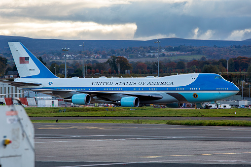 Air Force One parked at Edinburgh Airport during COP 26 on 02 November 2021. Photo taken by Amber Rowan Roberts