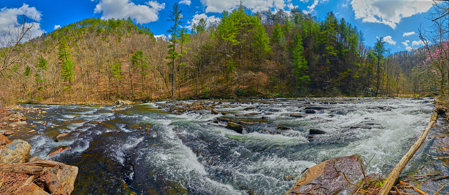 Panoramic view of the Tellico River with blue, mostly sunny sky.