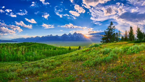 Sunset over the Grand Teton mountain range. Sunset over the Grand Teton mountain range. wyoming stock pictures, royalty-free photos & images