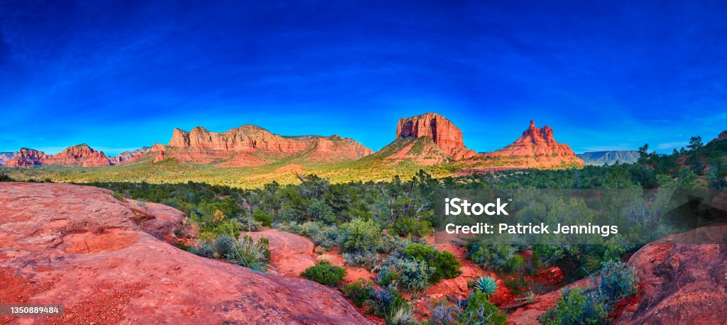 Pamorama of Bell Rock, Courthouse Butte, and Munds Moutain Wilderness from Yavapai Point, Arizona. Sedona Stock Photo