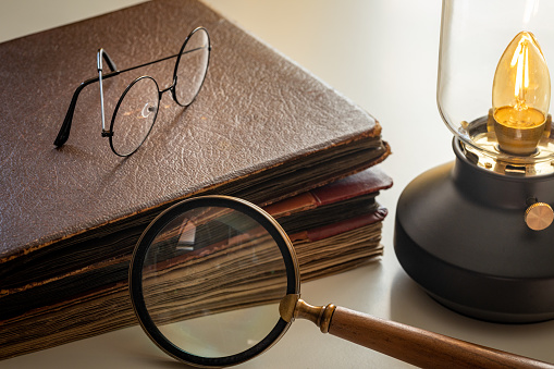 Old Table Albums, Magnifying Glass, Vintage Lamp, Grandfather's Glasses, Concept, Family Memories, Historical Research