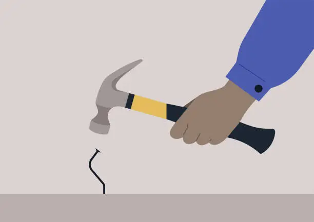Vector illustration of A hand holding a hammer and hitting a metal nail, a failure, manual work problems