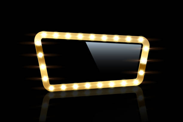 Retro gold frame with light, 3d realistic glowing golden glamour makeup dressing mirror Retro gold frame with light bulbs vector illustration. 3d realistic glowing golden border mockup, glittering glamour makeup dressing mirror with bright neon light bulbs isolated on black background theatre mirror stock illustrations