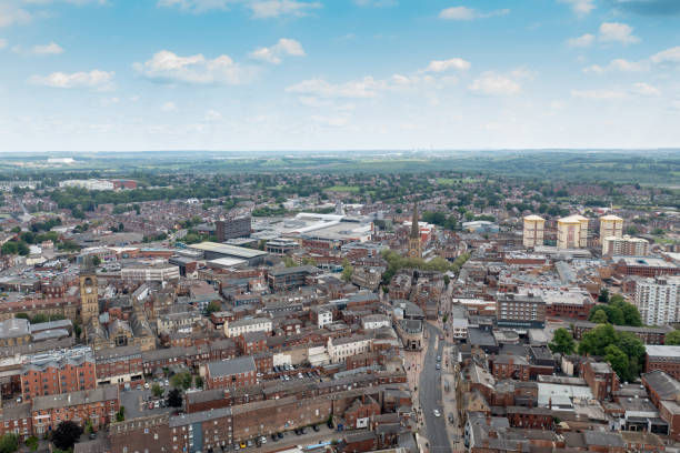 Aerial drone photo of the town centre of Wakefield in West Yorkshire in the UK showing the main city centre from above in the summer time. stock photo