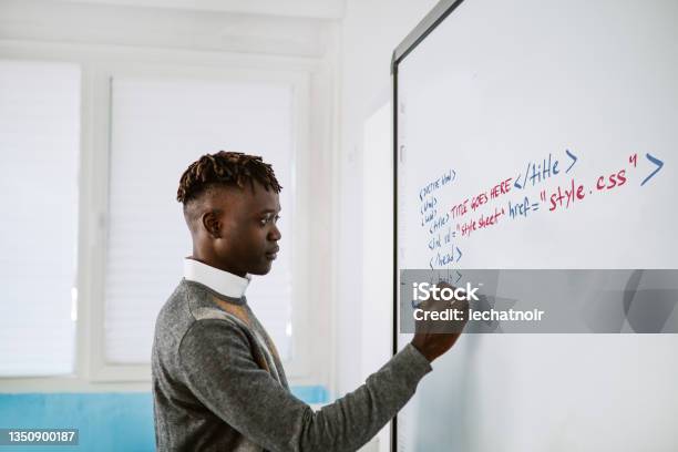 It Teacher Writing On The Whiteboard In The Classroom Stock Photo - Download Image Now