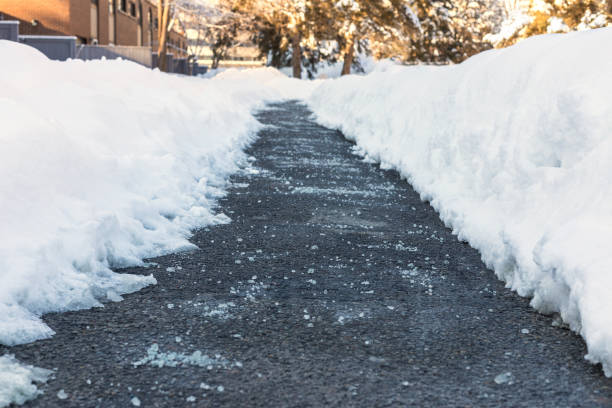 Winter road with salt for melting snow