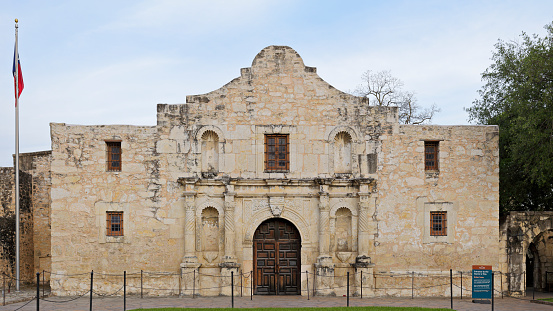 San Antonio, Texas, USA - April 2, 2019:   The front facade of the Alamo in San Antonio,Texas during twilight.